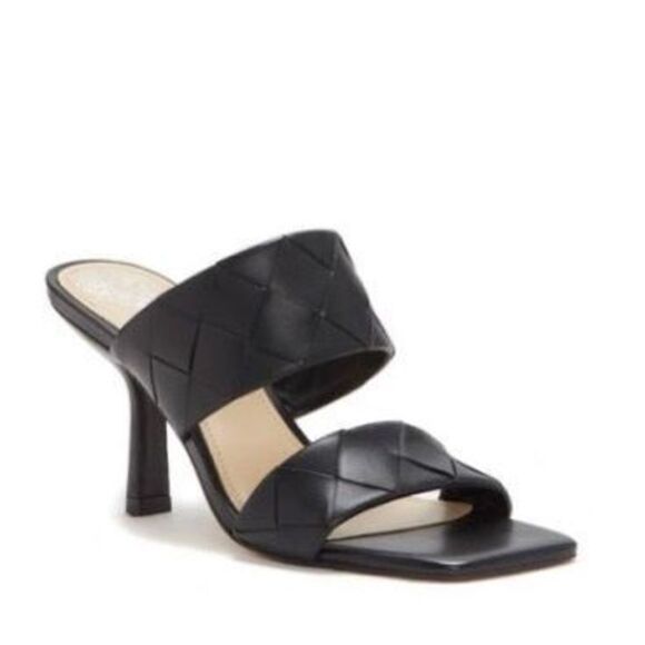 Vince Camuto Sandals Womens Size 6.5 Black Leather Double Strap Woven Heels